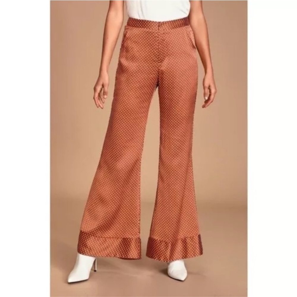 Lucca Brown/Orange White Polka Dot Flare Leg Pants, Size M
